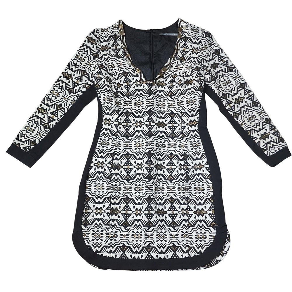 twelfth street cynthia vincent‎ embroidered beaded dress black white mini geo 4